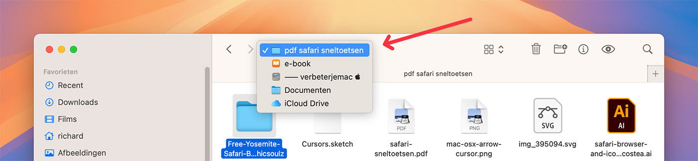 Titelbalk in de Finder pad