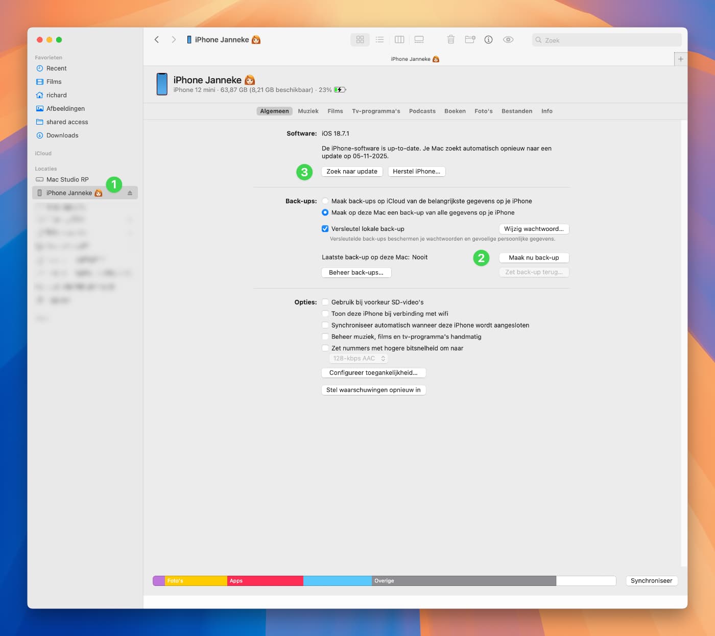 iOS 26.1 updaten via de Finder op je Mac