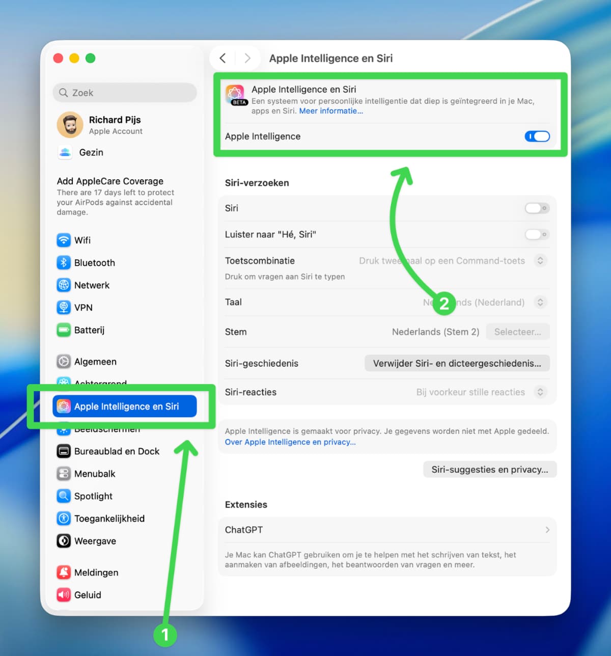 Zo activeer je Apple Intelligence
Met Apple Intelligence haal je veel handige functies naar je iPhone, iPad of Mac. Op je iPhone en iPad kun je dit als volgt aanzetten:

1. Open op je iPhone of iPad de app ‘Instellingen’
2. Klik in de lijst (iets naar beneden scrollen) op ‘Apple Intelligence en Siri’
3. Zet de schakelaar bovenaan bij Apple Intelligence aan

Apple Intelligence in Nederland, deze drie functies moet je weten