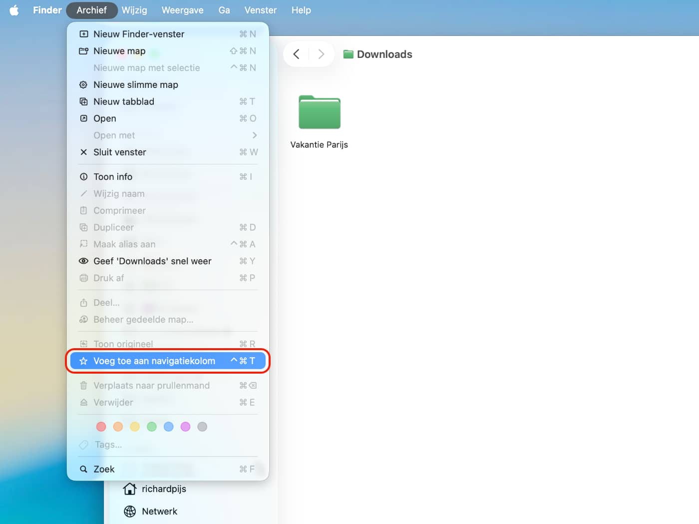 Sneltoets: ‘Voeg toe aan navigatiekolom’